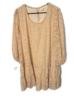 A Beautiful Soul Beige Textured Lace Tiered Hem Long Sleeve Dress